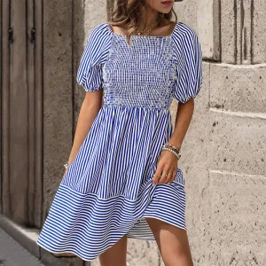 Chic Women's Navy Striped A-Line Dress with Square Collar